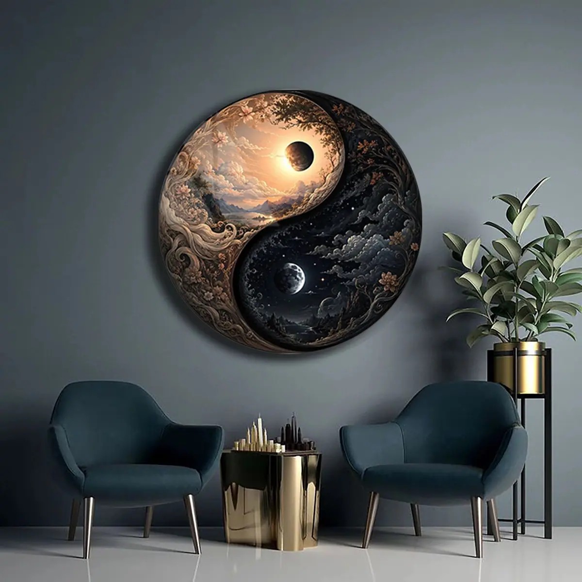 Gündüz Gece Fantastik Yin Yang Yuvarlak Cam Tablo