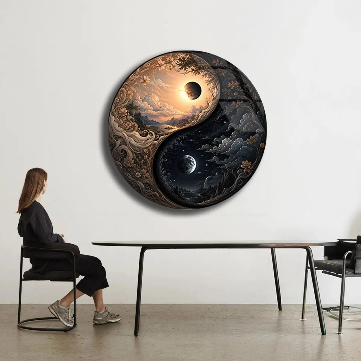 Gündüz Gece Fantastik Yin Yang Yuvarlak Cam Tablo