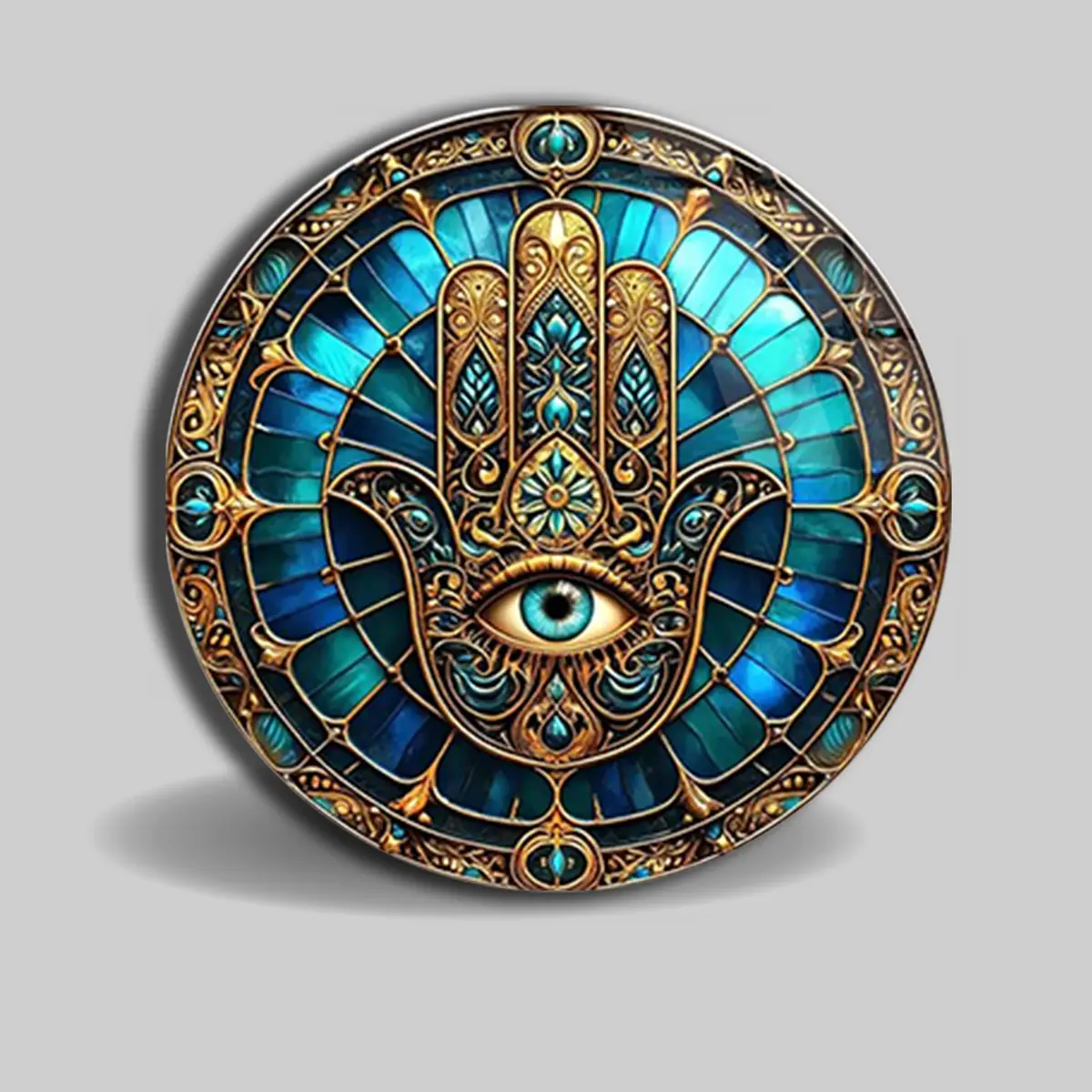 Hamsa El Nazar Desenli Turkuaz Yuvarlak Cam Tablo