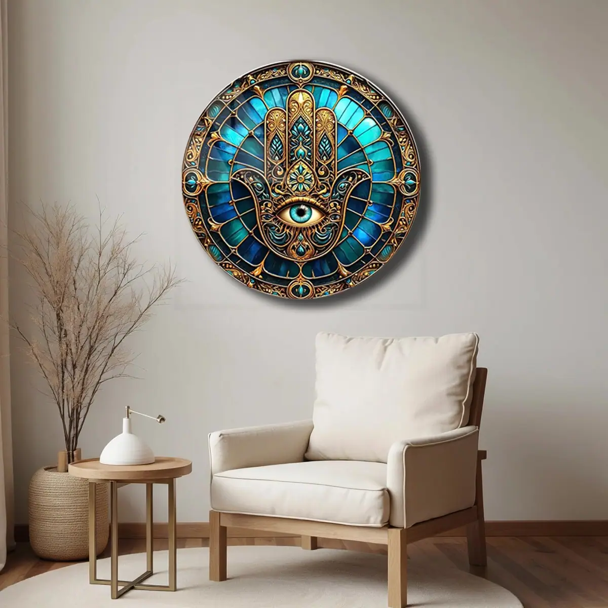 Hamsa El Nazar Desenli Turkuaz Yuvarlak Cam Tablo