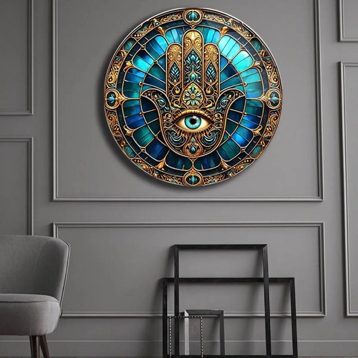 Hamsa El Nazar Desenli Turkuaz Yuvarlak Cam Tablo