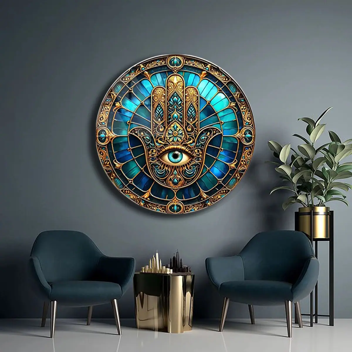 Hamsa El Nazar Desenli Turkuaz Yuvarlak Cam Tablo