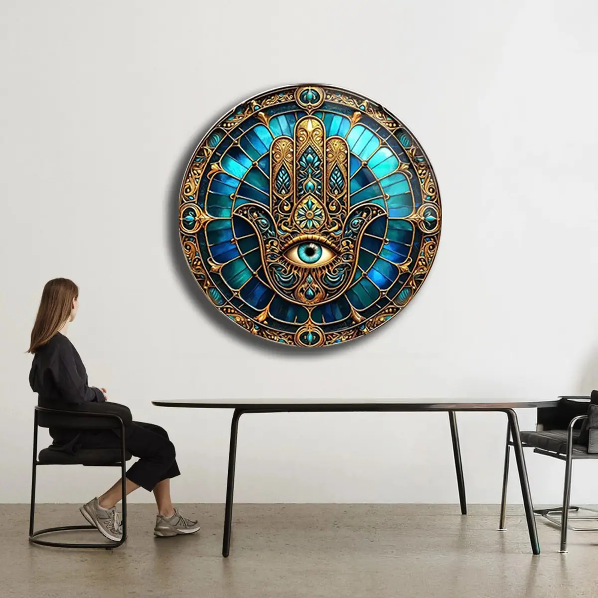 Hamsa El Nazar Desenli Turkuaz Yuvarlak Cam Tablo