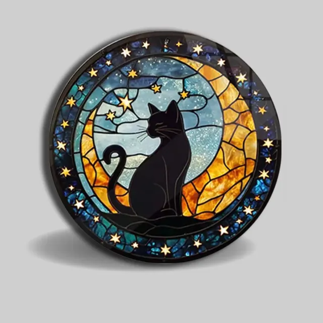 Ay Işığında Kedi Silueti Vitray Desenli Yuvarlak Cam Tablo