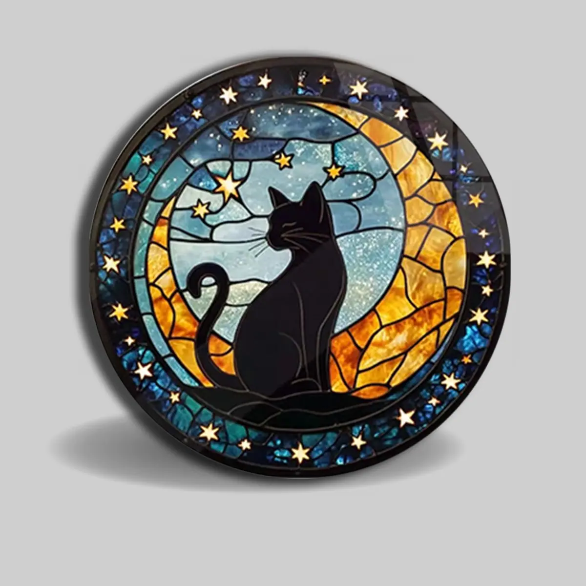 Ay Işığında Kedi Silueti Vitray Desenli Yuvarlak Cam Tablo