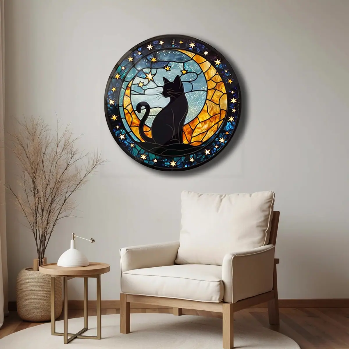 Ay Işığında Kedi Silueti Vitray Desenli Yuvarlak Cam Tablo