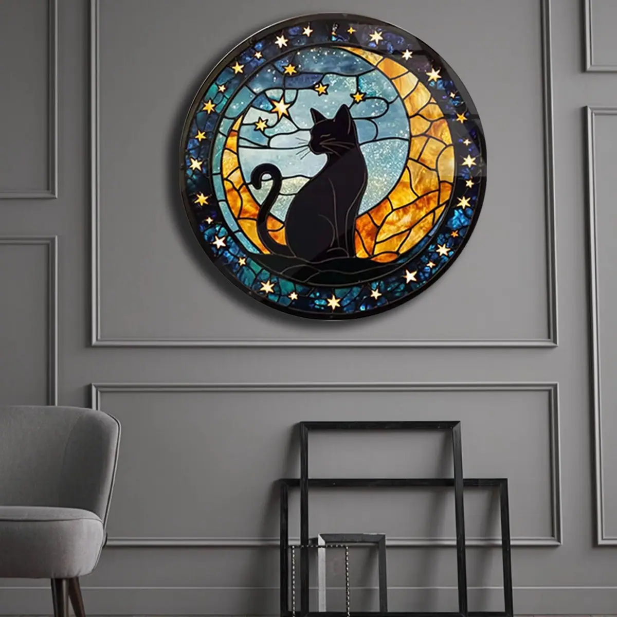 Ay Işığında Kedi Silueti Vitray Desenli Yuvarlak Cam Tablo