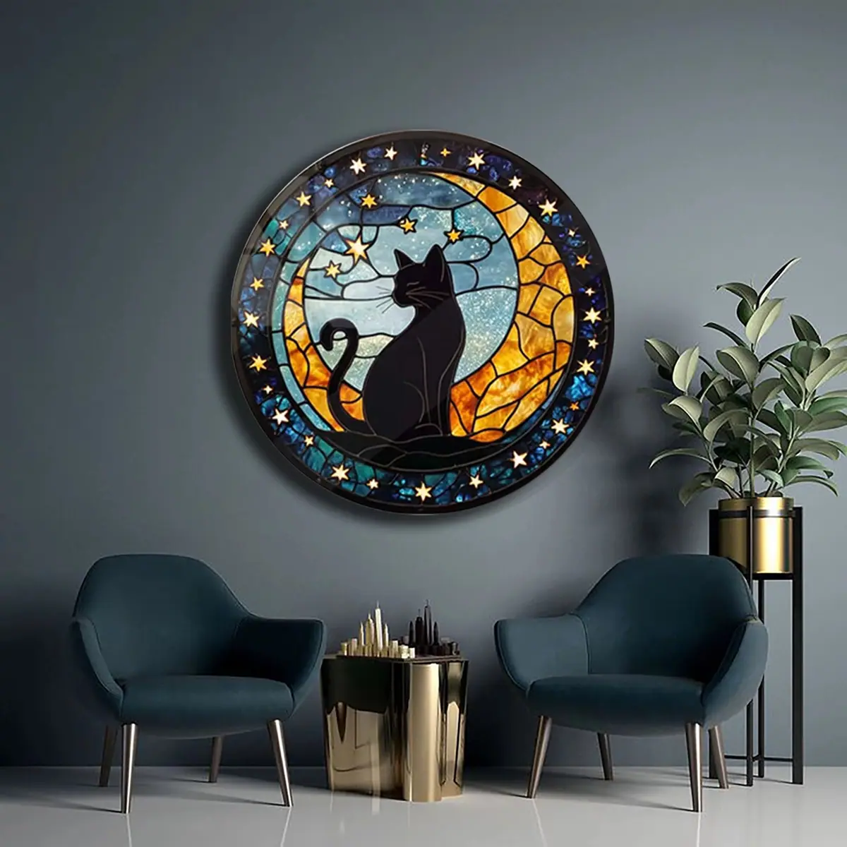 Ay Işığında Kedi Silueti Vitray Desenli Yuvarlak Cam Tablo