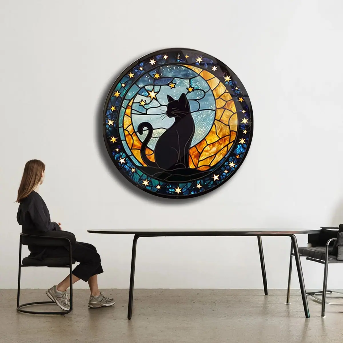 Ay Işığında Kedi Silueti Vitray Desenli Yuvarlak Cam Tablo