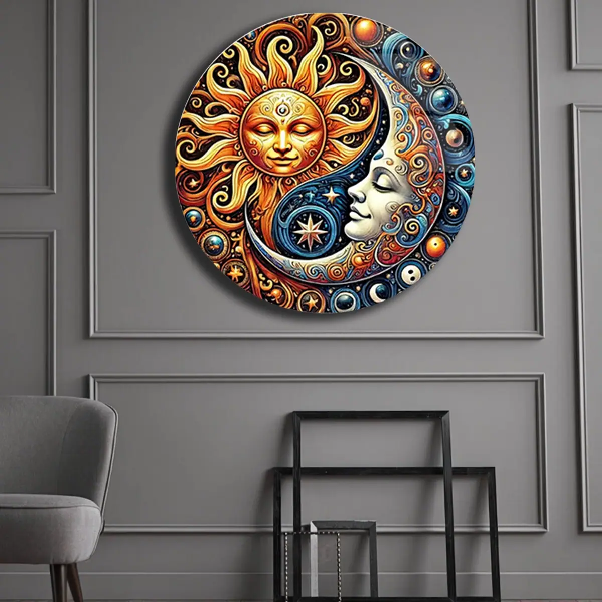 Güneş Ay Yüzlü Mistik Boho Yuvarlak Cam Tablo