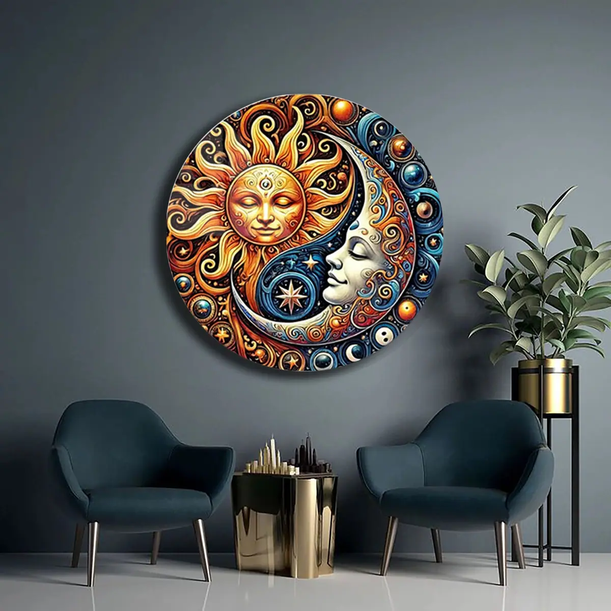 Güneş Ay Yüzlü Mistik Boho Yuvarlak Cam Tablo