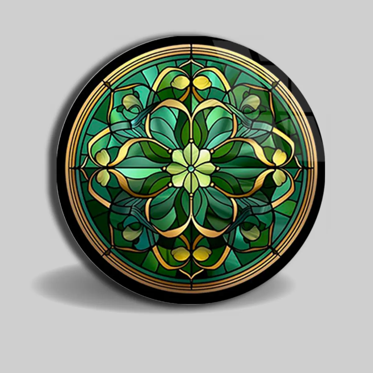 Yeşil Altın Vitray Çiçek Desenli Yuvarlak Cam Tablo