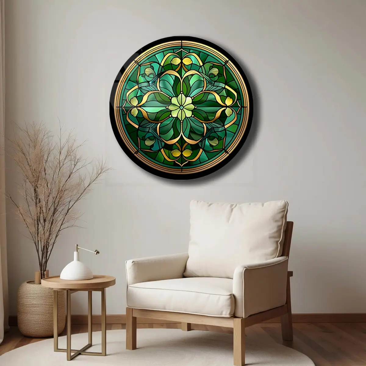 Yeşil Altın Vitray Çiçek Desenli Yuvarlak Cam Tablo