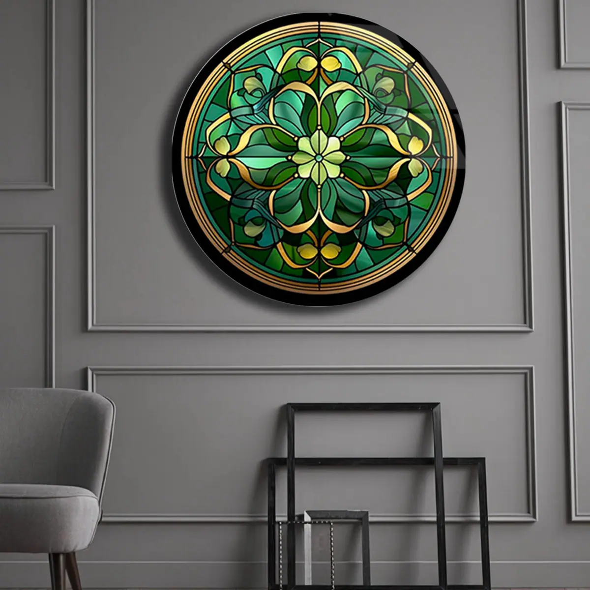 Yeşil Altın Vitray Çiçek Desenli Yuvarlak Cam Tablo