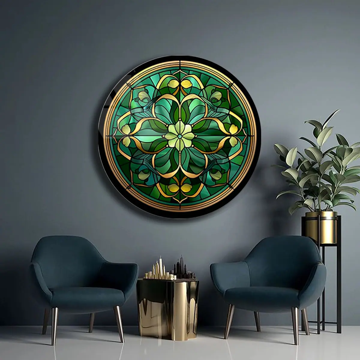 Yeşil Altın Vitray Çiçek Desenli Yuvarlak Cam Tablo