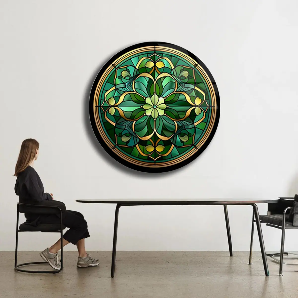 Yeşil Altın Vitray Çiçek Desenli Yuvarlak Cam Tablo