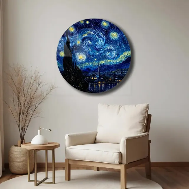 Yıldızlı Gece Klasik Tablo Desenli Yuvarlak Cam Tablo