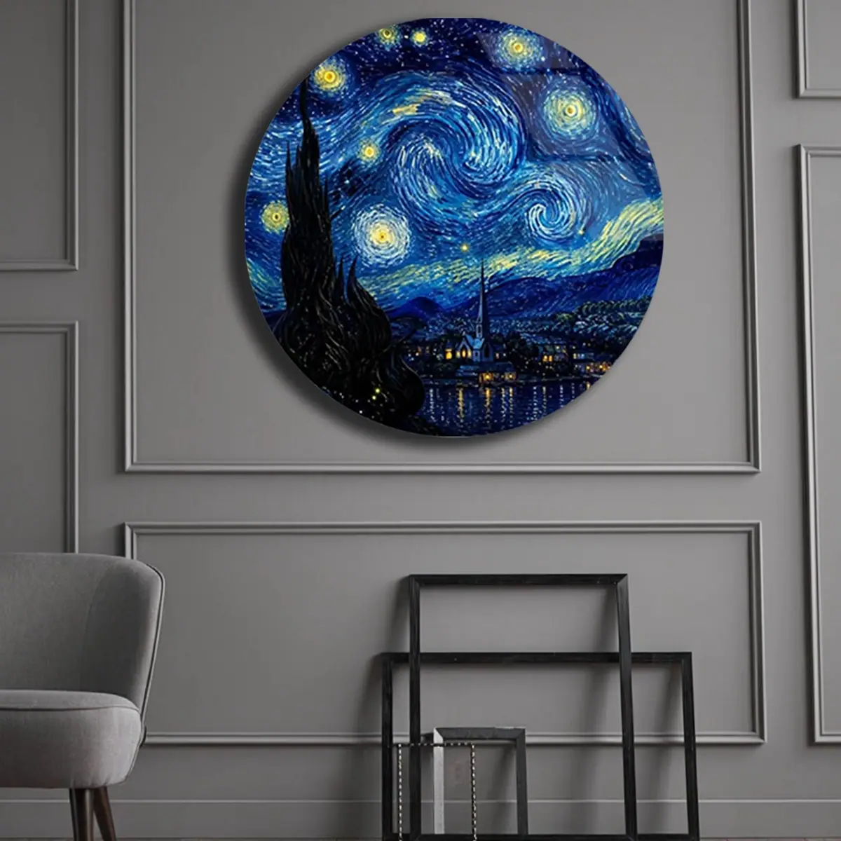 Yıldızlı Gece Klasik Tablo Desenli Yuvarlak Cam Tablo