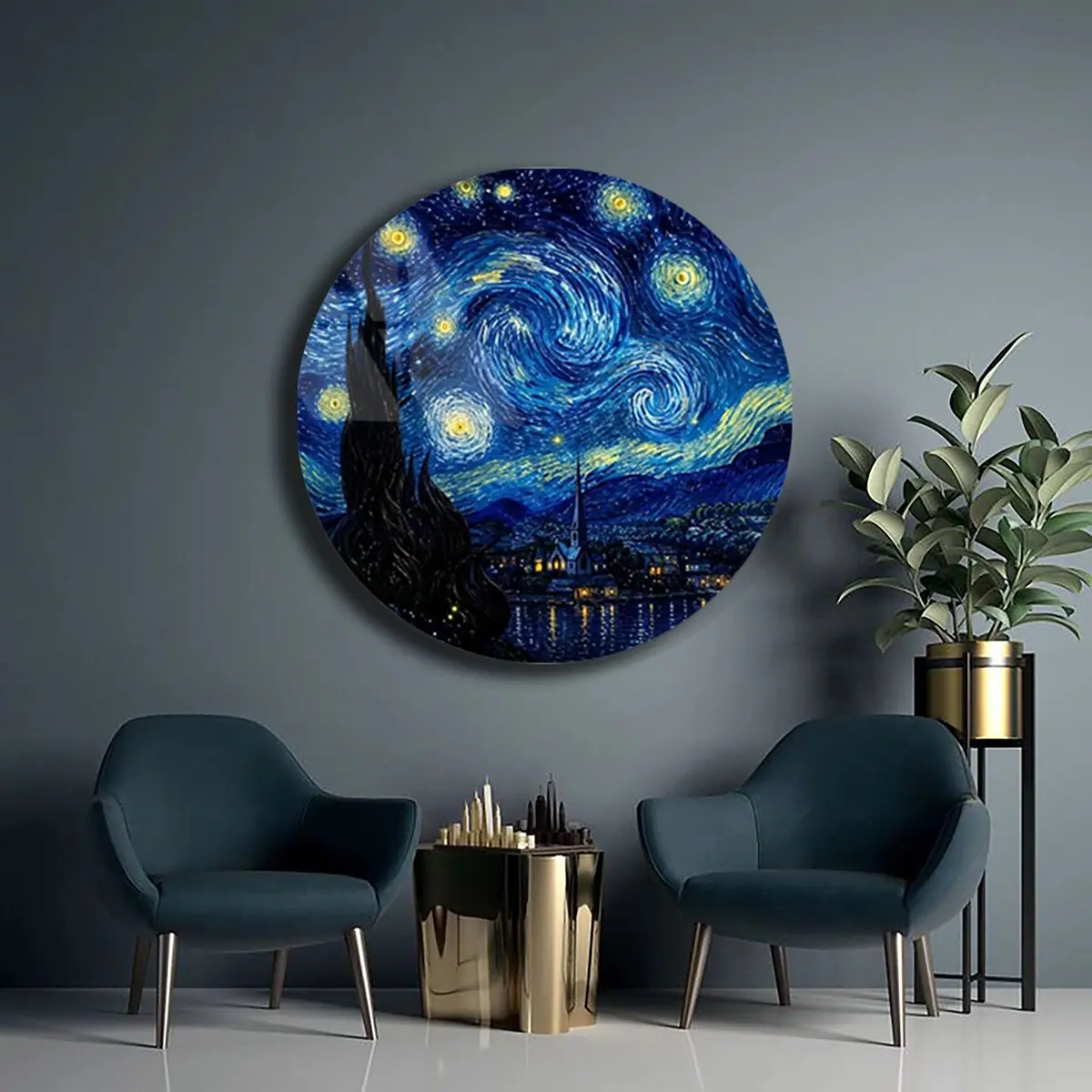 Yıldızlı Gece Klasik Tablo Desenli Yuvarlak Cam Tablo