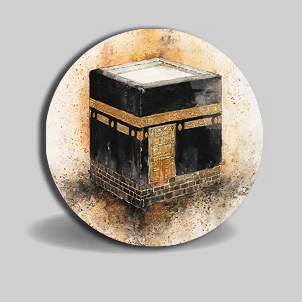 Kabe Tasvirli Suluboya Desenli Yuvarlak Cam Tablo