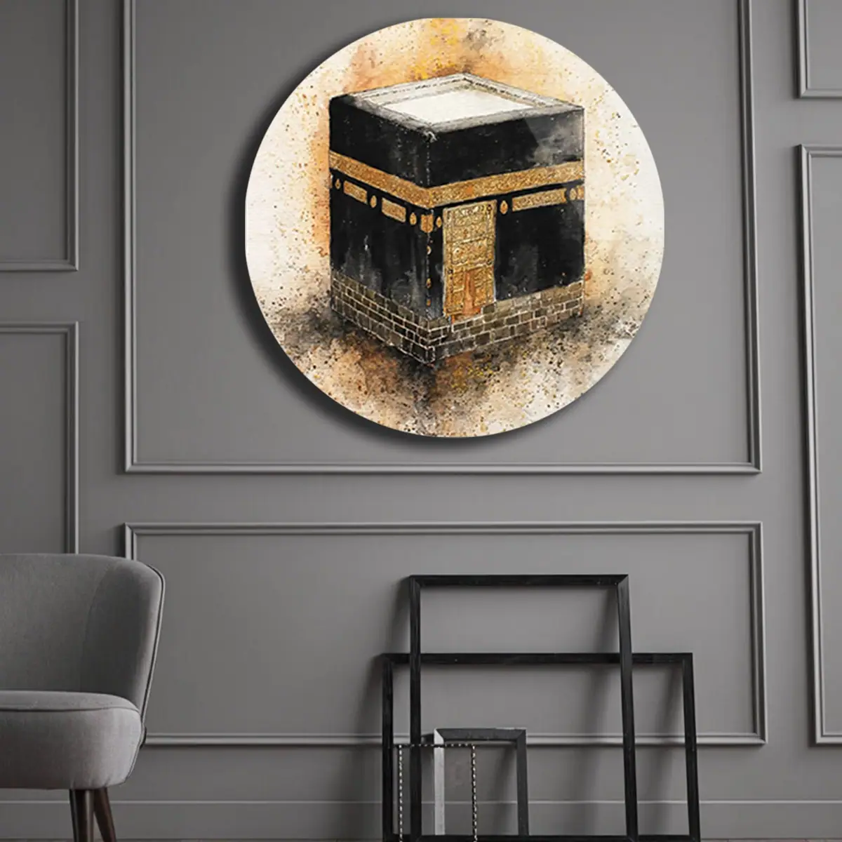 Kabe Tasvirli Suluboya Desenli Yuvarlak Cam Tablo