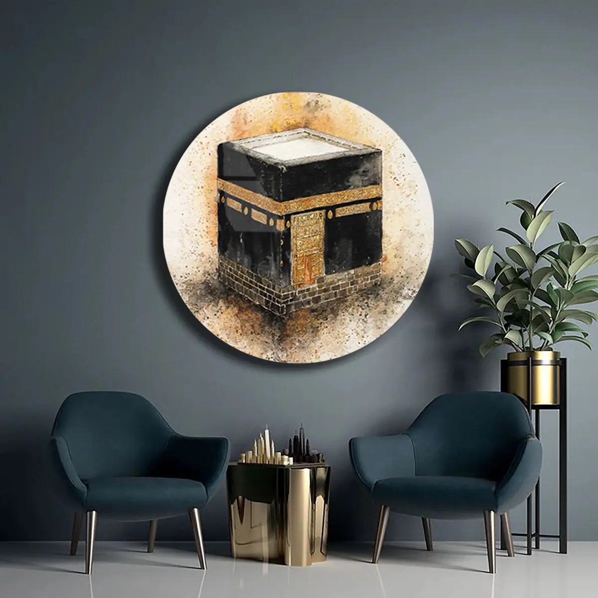 Kabe Tasvirli Suluboya Desenli Yuvarlak Cam Tablo