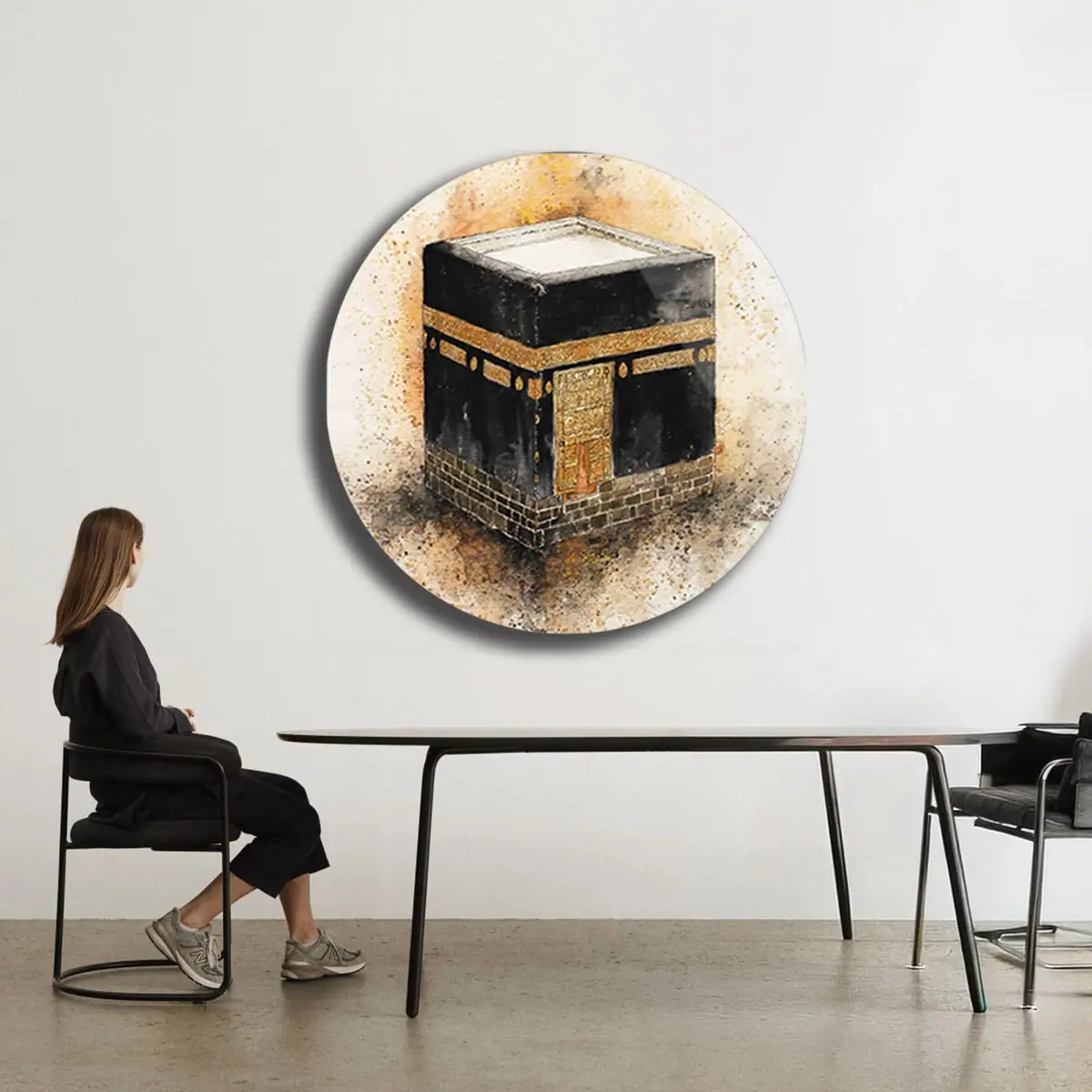 Kabe Tasvirli Suluboya Desenli Yuvarlak Cam Tablo
