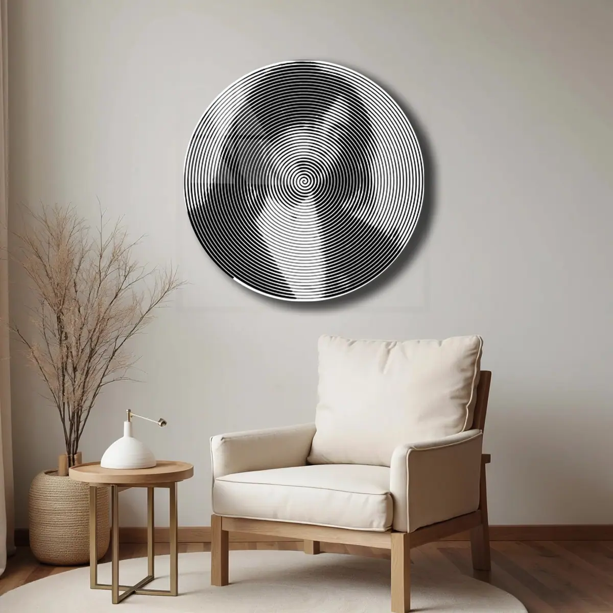 Hipnotik Spiral Desenli Siyah Beyaz Yuvarlak Cam Tablo