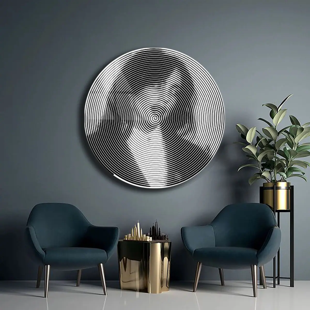 Hipnotik Spiral Desenli Siyah Beyaz Yuvarlak Cam Tablo