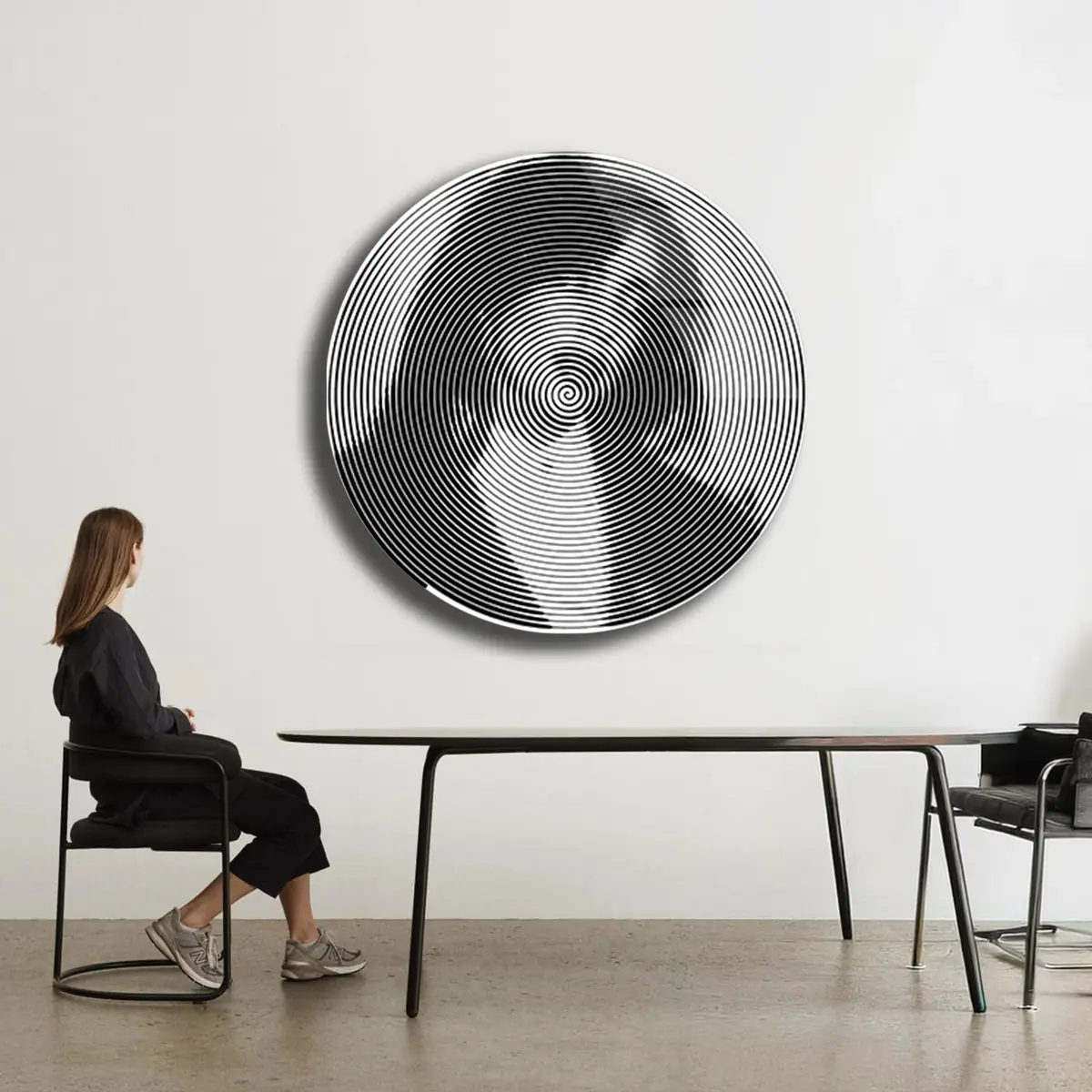 Hipnotik Spiral Desenli Siyah Beyaz Yuvarlak Cam Tablo