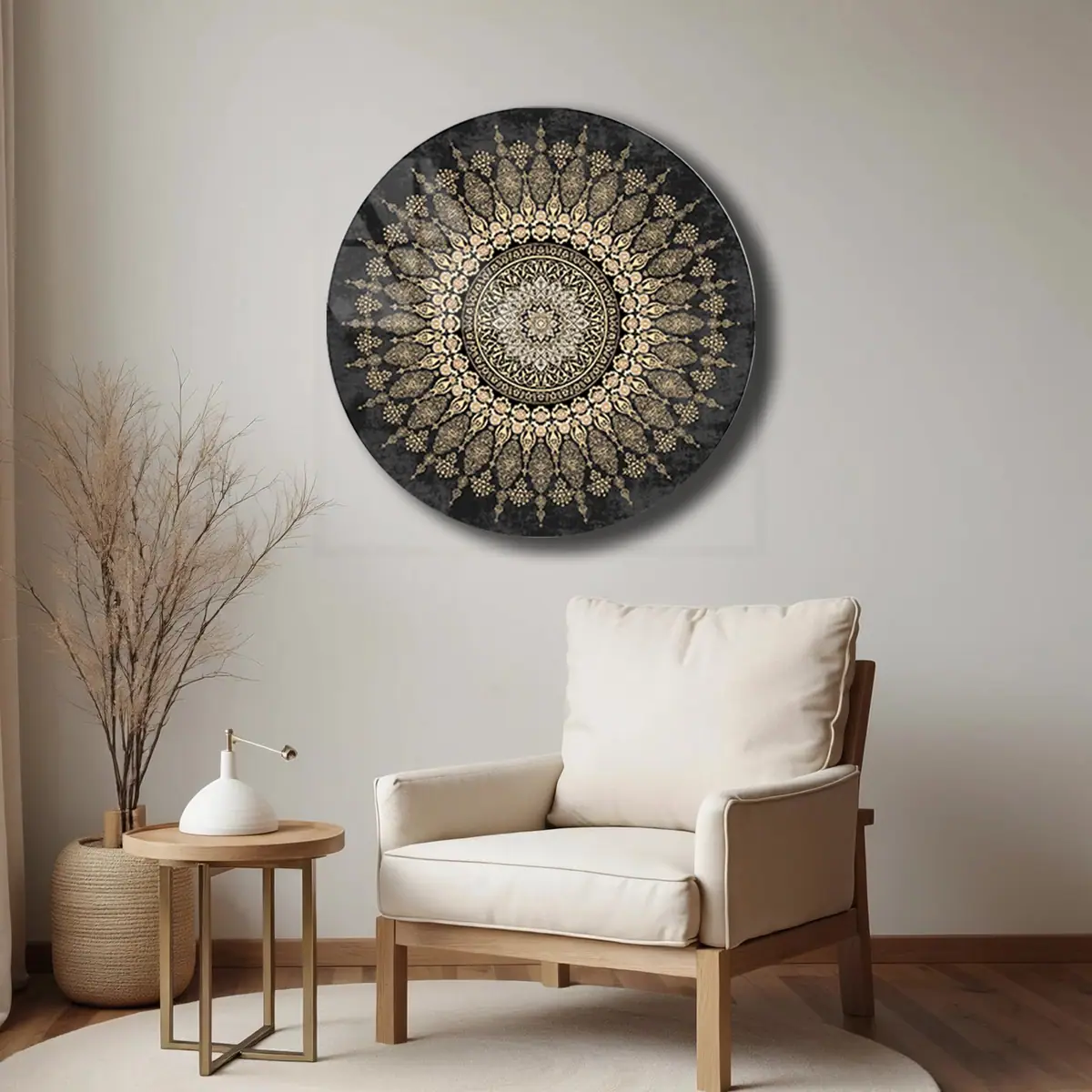 Altın Mandala Çiçek Desenli Yuvarlak Cam Tablo