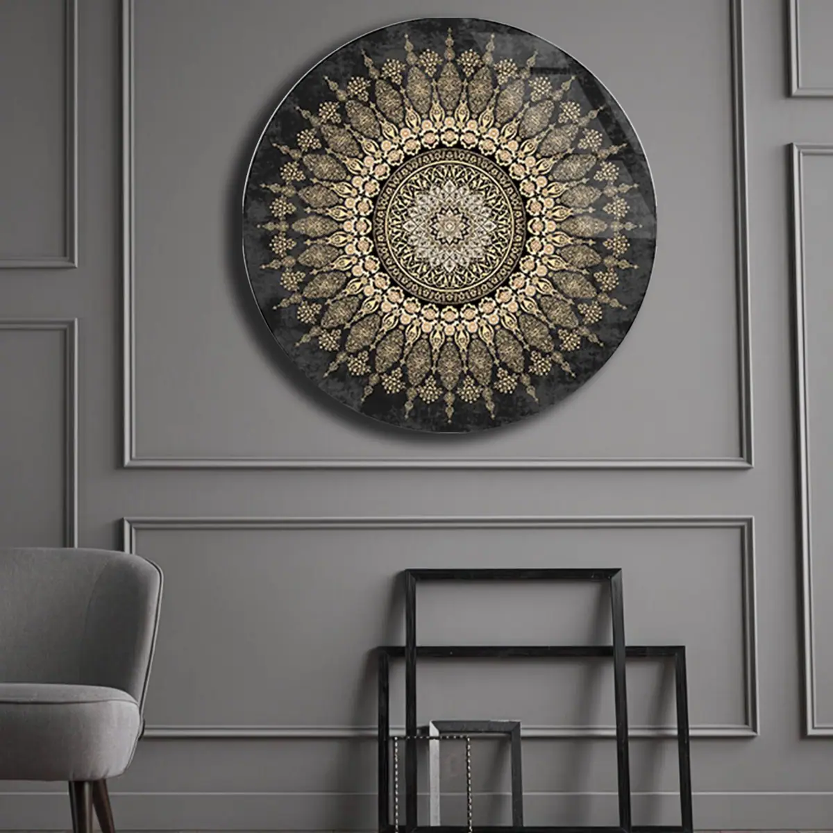 Altın Mandala Çiçek Desenli Yuvarlak Cam Tablo
