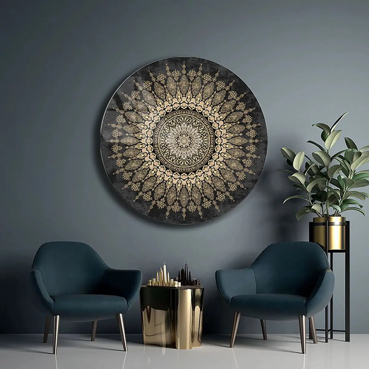 Altın Mandala Çiçek Desenli Yuvarlak Cam Tablo