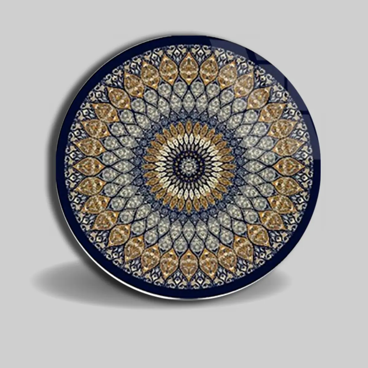 Lacivert Geometrik Mandala Desenli Yuvarlak Cam Tablo