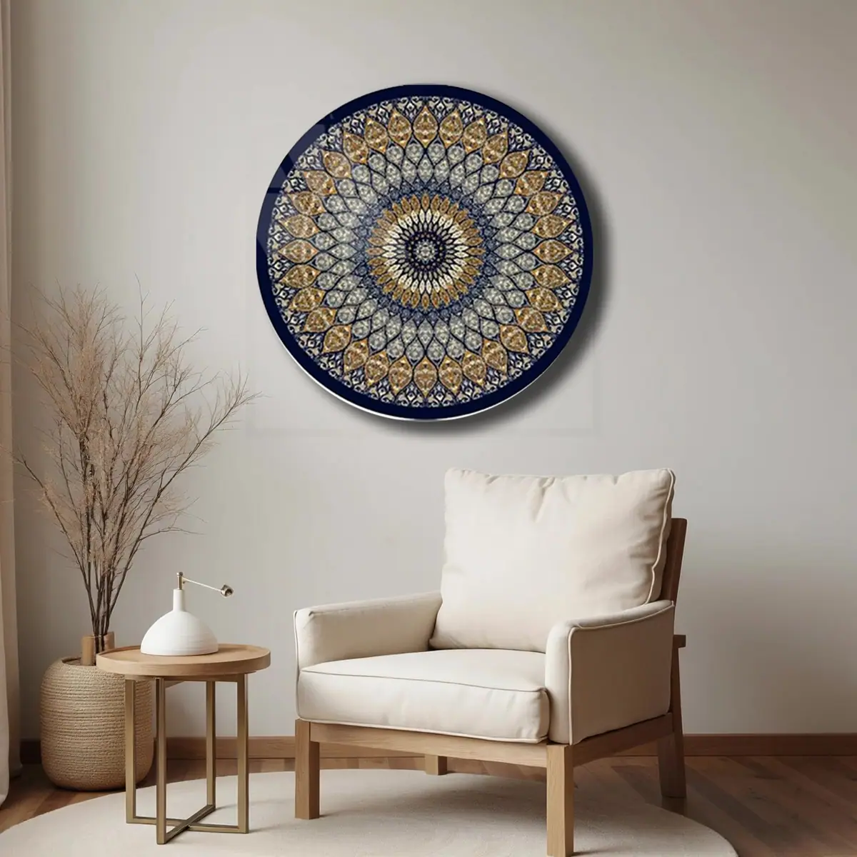 Lacivert Geometrik Mandala Desenli Yuvarlak Cam Tablo