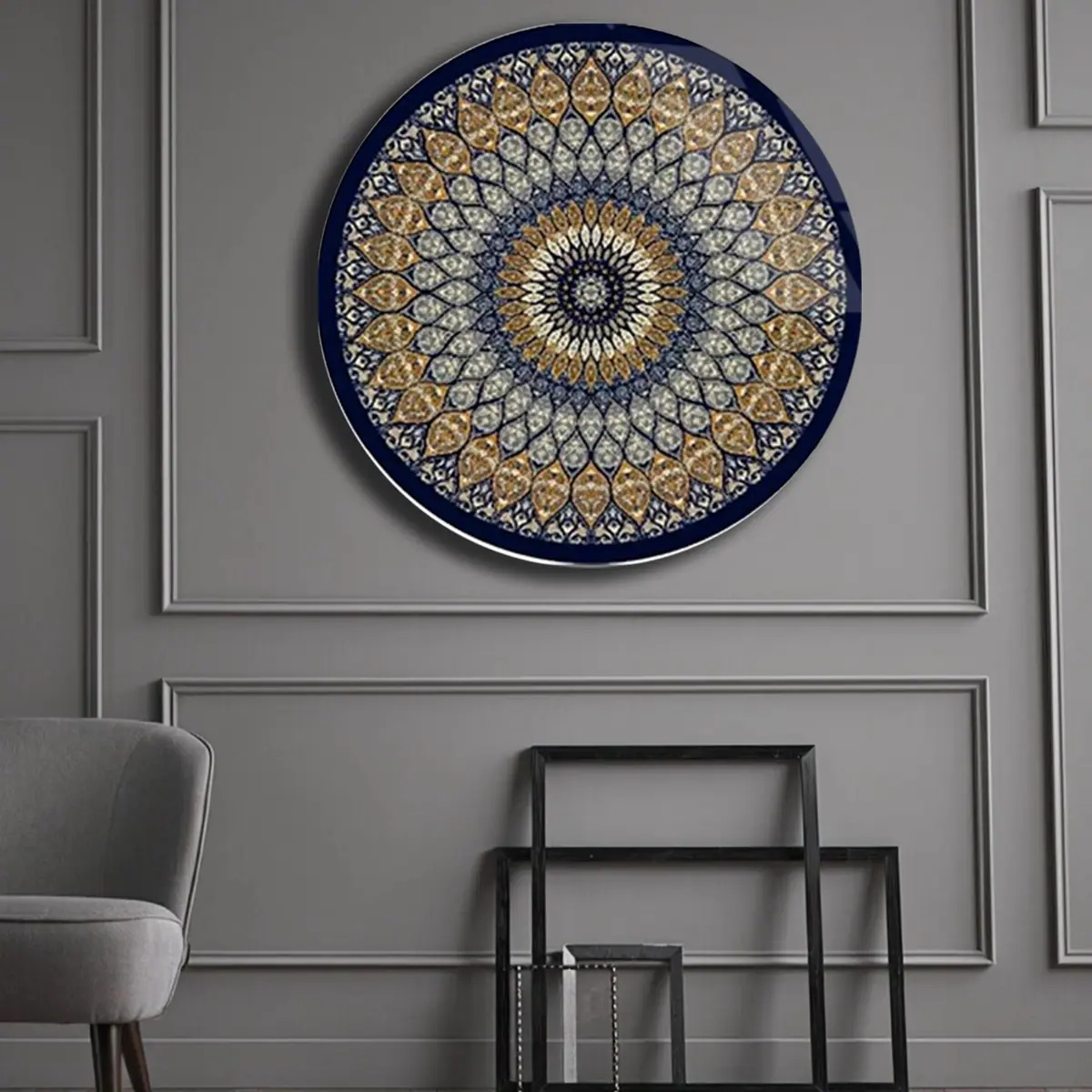 Lacivert Geometrik Mandala Desenli Yuvarlak Cam Tablo