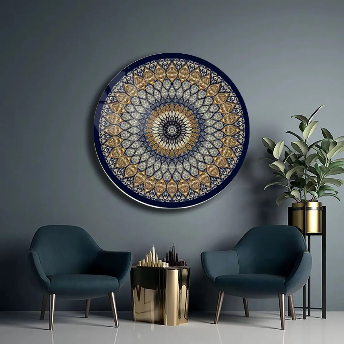 Lacivert Geometrik Mandala Desenli Yuvarlak Cam Tablo