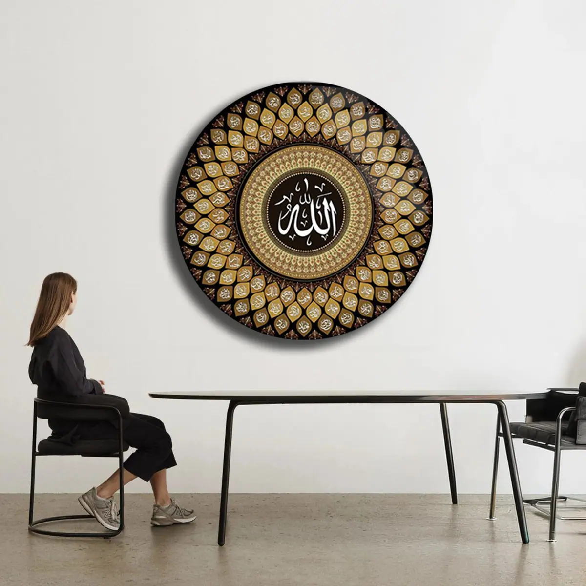 Allah Yazılı Altın Desenli Yuvarlak Cam Tablo
